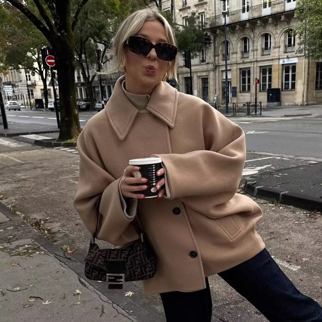 Women's short-cut oversized wool blend caban with wide lapels and boxy silhouette Mune Fashion