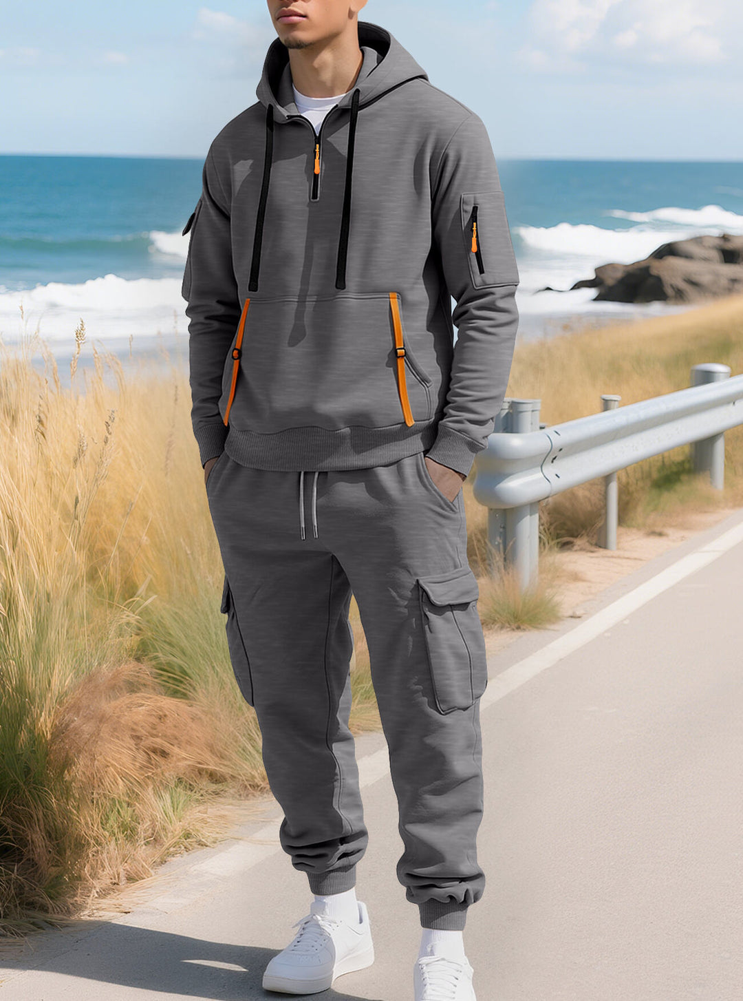 Men's casual half-zip hoodie with kangaroo pocket and cargo jogging pants with zipper details Mune Fashion