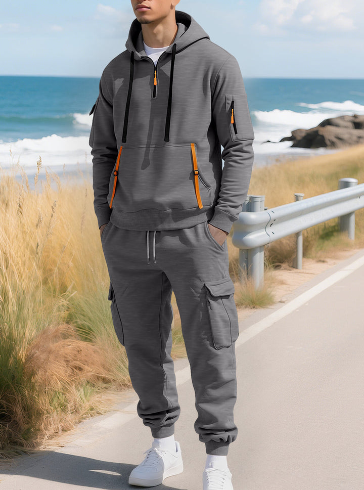 Men's casual half-zip hoodie with kangaroo pocket and cargo jogging pants with zipper details Mune Fashion