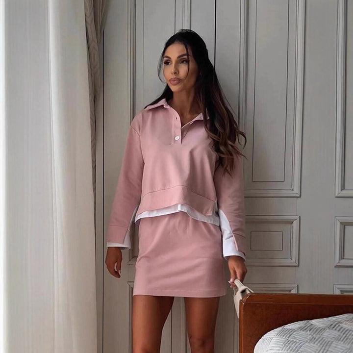 Women's Casual Two-Piece Sweatset with Shirt Collar, Cropped Pullover and High-Waist Bike Shorts Mune Fashion
