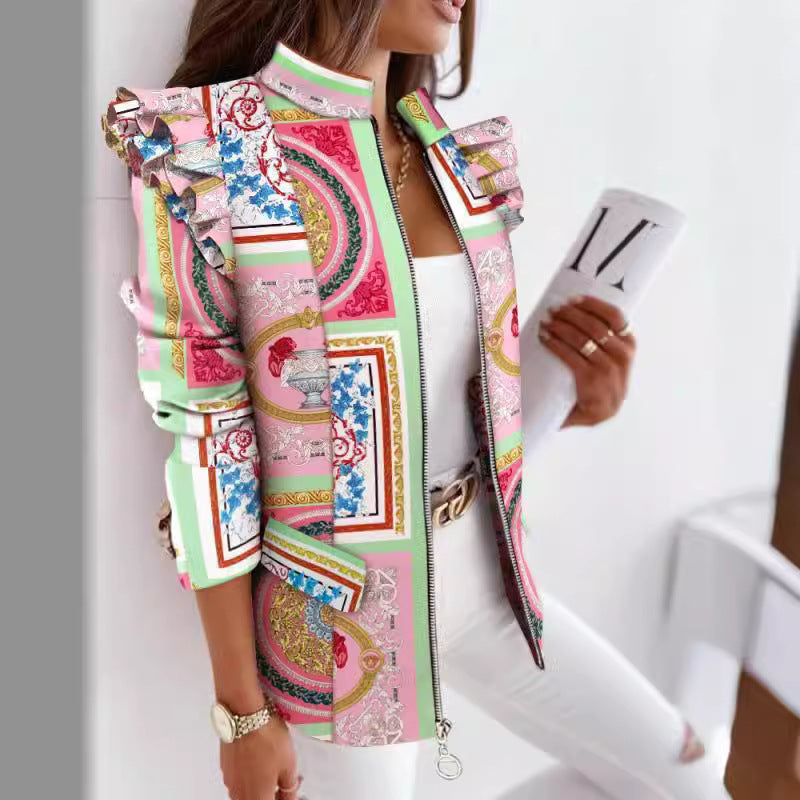 Women's Leo Jacket with Ruffle Sleeves, Stand Collar and Zipper Front Mune Fashion