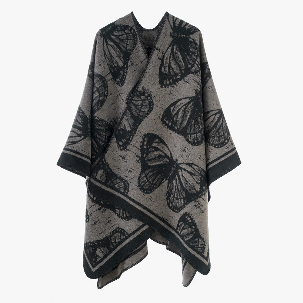 Women's oversized knit overlay in jacquard with butterfly motif and contrasting hem edge Mune Fashion