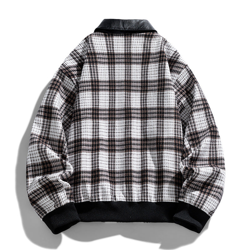 Men's Checkered Overshirt Jacket with Contrasting Faux Leather Collar and Ribbed Cuffs Mune Fashion