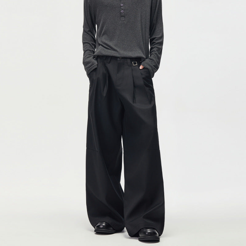 Men's Wide Pleated High-Waist Suit Pants with Utility Belt Mune Fashion