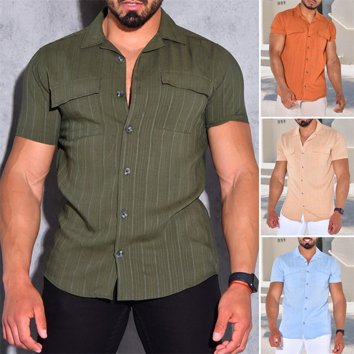 Men's Tailored Short Sleeve Shirt with Structure Stripes, Camp Collar and Chest Pockets Mune Fashion
