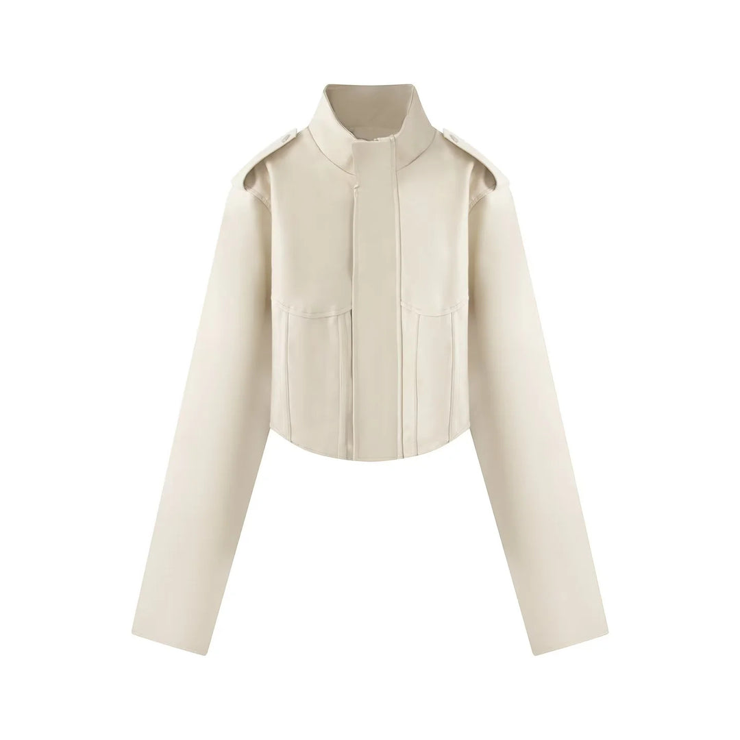 Women's Short Sculpted Corset Jacket with Stand-up Collar, Epaulette Detail, and Concealed Snap Placket Mune Fashion