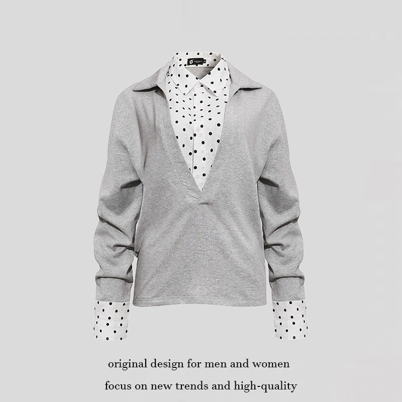 Women Layered Long Sleeve Shirt with Deep V-Neck, Attached Placket and Polka Dot Details Mune Fashion