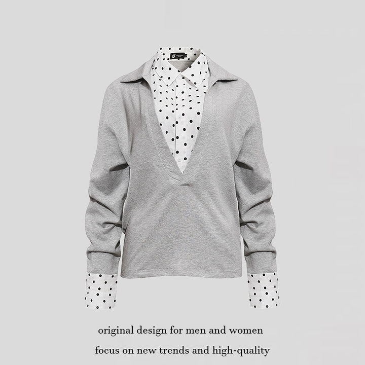 Women Layered Long Sleeve Shirt with Deep V-Neck, Attached Placket and Polka Dot Details Mune Fashion