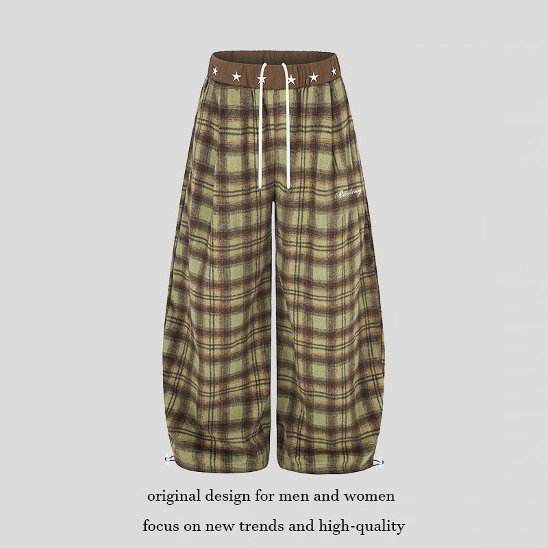 Women's Extra Wide Checked Palazzo Lounge Pants made of soft fleece with star-embellished comfort waistband, drawstring and adjustable hem.