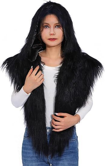 Women’s hooded scarf vest made of long-haired artificial fur Mune Fashion