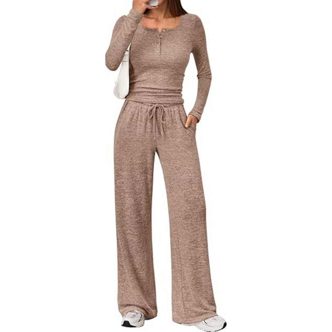 Women's Two-Piece Fine Knit Lounge Set with Henley Top and Palazzo Pants Mune Fashion
