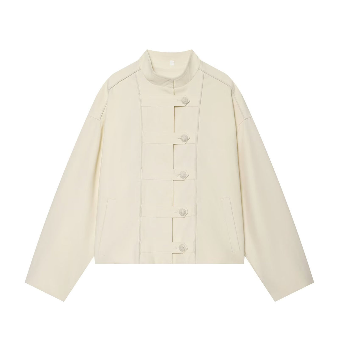 Ladies Boxy Jacket with Stand Collar and Decorative Toggle Button Placket Mune Fashion
