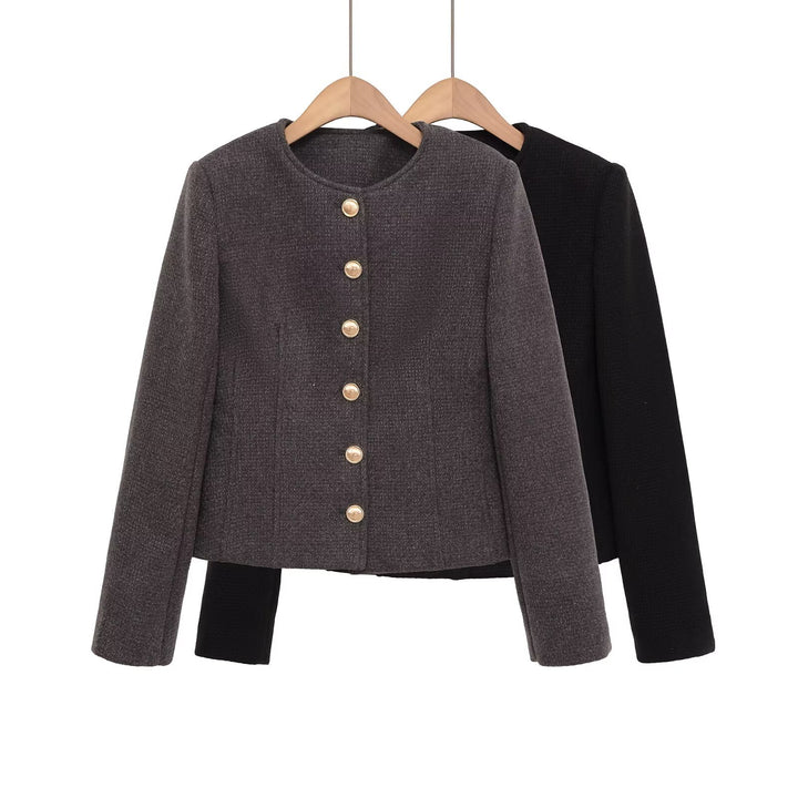 Ladies short blazer made of bouclé with round neckline and golden decorative buttons Mune Fashion