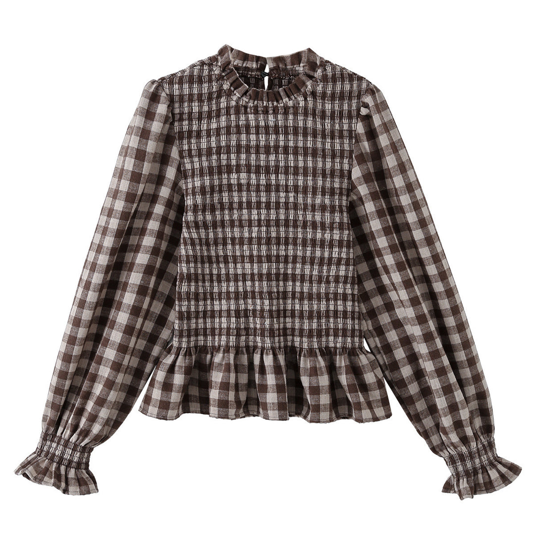 Women 10+ lightweight smock blouse shirt with ruffle collar, balloon sleeves and peplum Mune Fashion