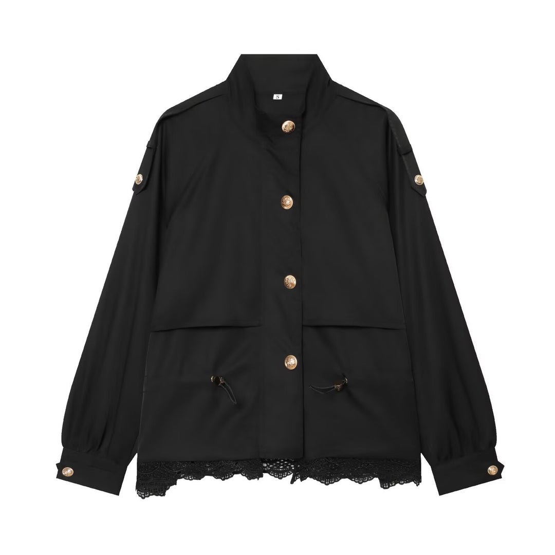 Women's lightweight field jacket with drawstring, stand-up collar, epaulettes, and lace trim Mune Fashion