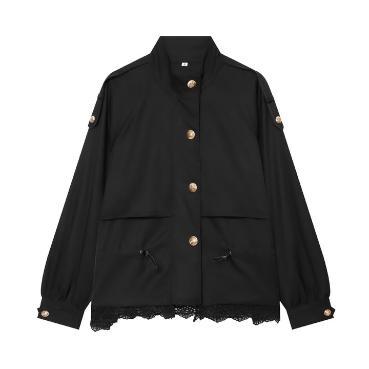 Women's lightweight field jacket with drawstring, stand-up collar, epaulettes, and lace trim Mune Fashion