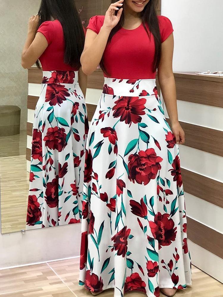 Women's two-piece look maxi dress with fitted jersey top and wide floral skirt Mune Fashion