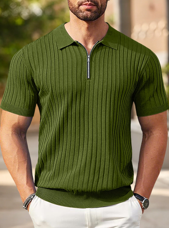 Men's elegant structured short sleeve knit polo with short metal zipper and shirt collar Mune Fashion