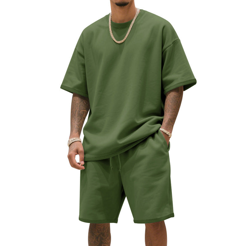 Men's relaxed jersey set with extended round neck t-shirt and elastic drawstring shorts Mune Fashion