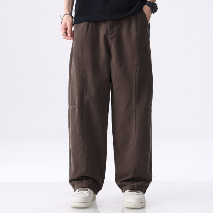 Men's Loose-Fitting Utility Pants with Wide Legs, Distinctive Decorative Stitching, and Elastic Waistband Mune Fashion
