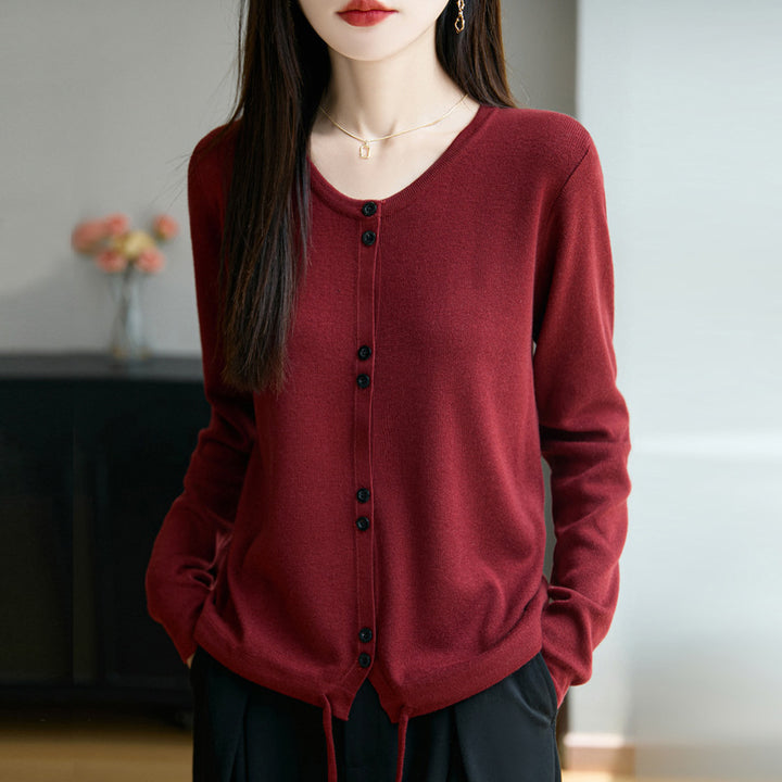 Women Lightweight Fine Knit Button Placket Cardigan with Round Neck Mune Fashion