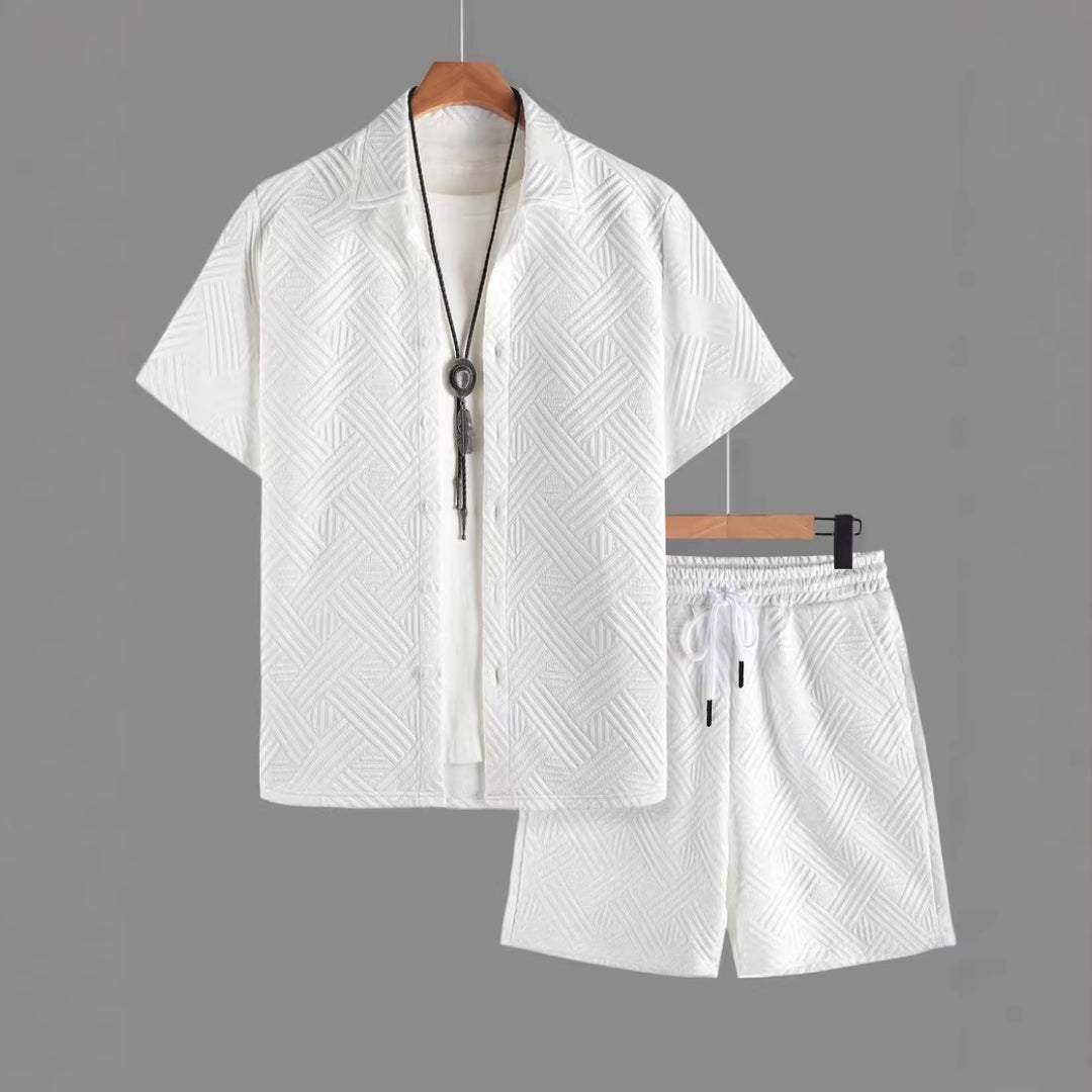 Men's nan geometric embossed short sleeve shirt and Bermuda two-piece set with shirt collar and drawstring Mune Fashion
