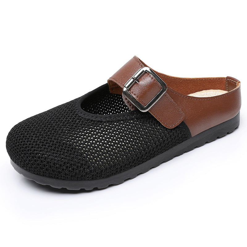 Women knitted comfort mule with adjustable leather strap, breathable knitted upper and cushioning EVA outsole Mune Fashion