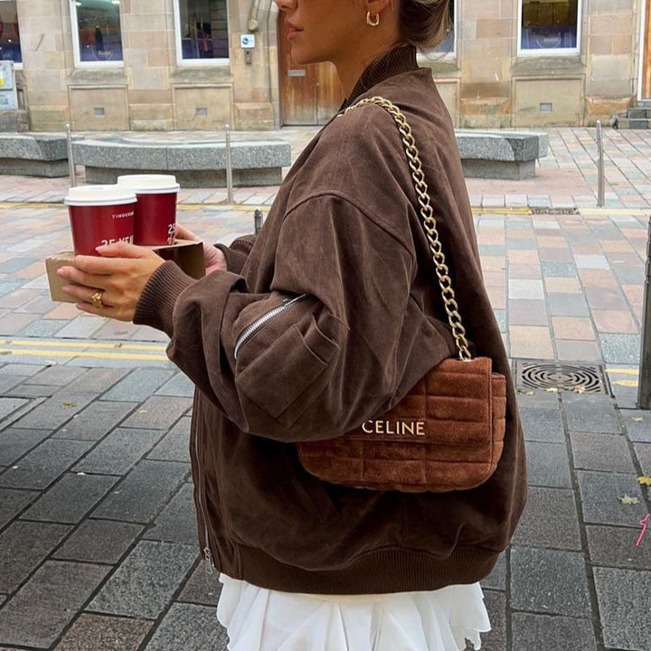 Women's Oversized Suede Bomber Jacket with Zipper & Ribbed Cuffs Mune Fashion