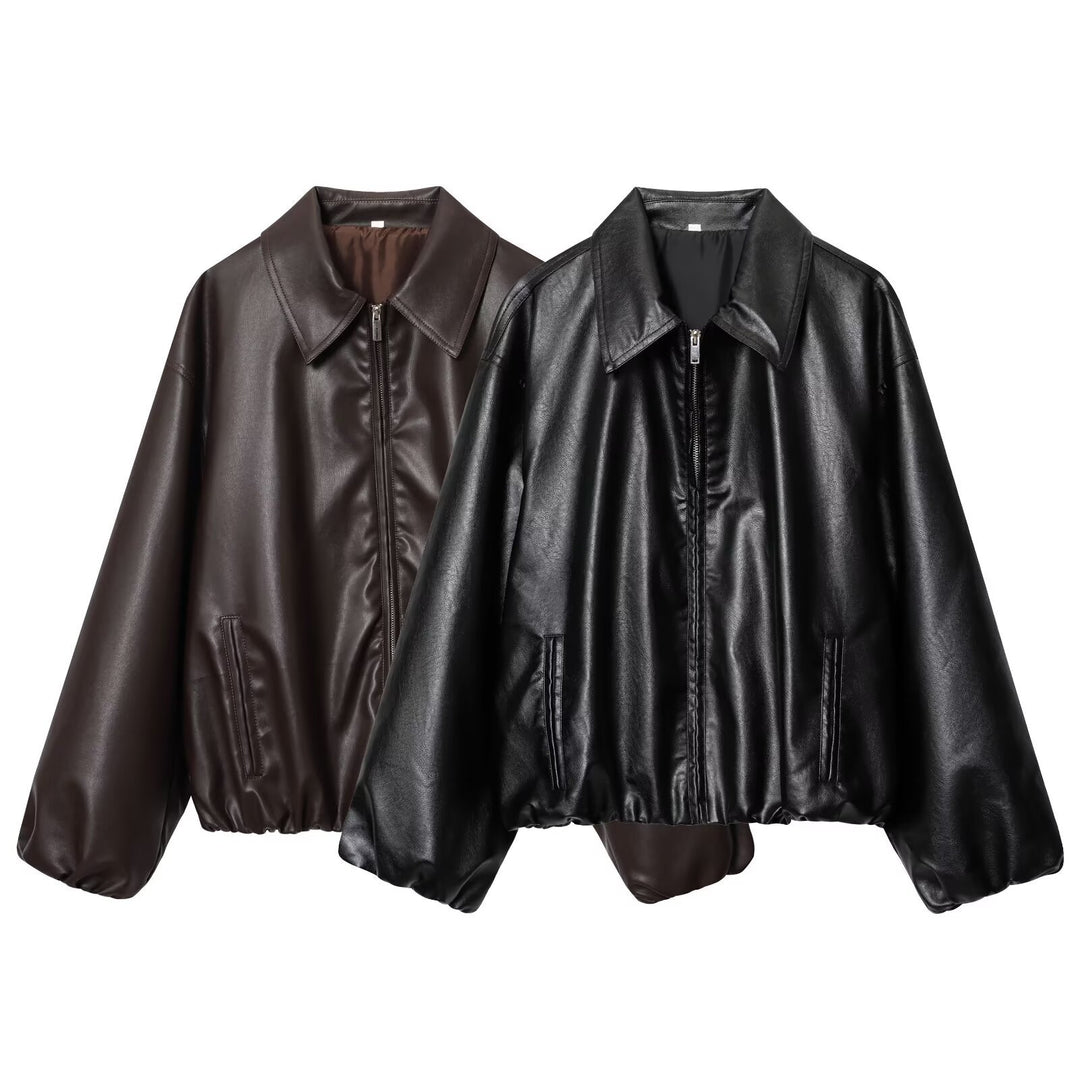 Ladies Boxy Leather Look Bomber Jacket with Concealed Zipper and Elastic Hem Mune Fashion