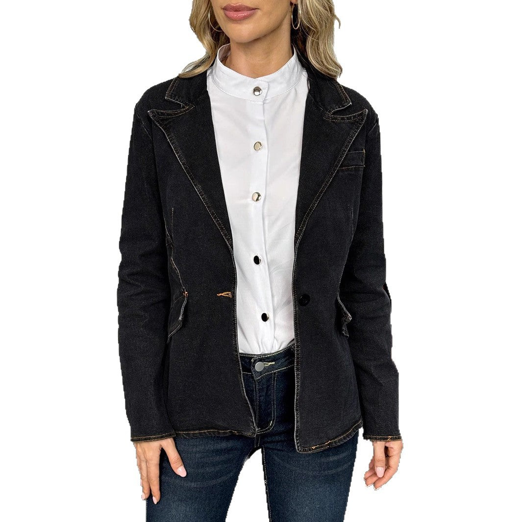 Women's tailored denim blazer with decorative seams and patch pockets Mune Fashion