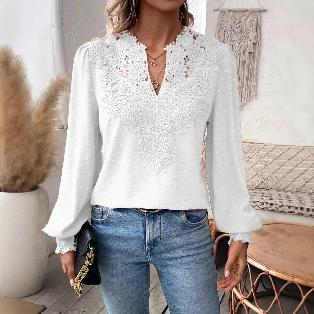 Women blouse with v-neck lace appliqué, structured dot, gathered cuffs and slightly tailored silhouette Mune Fashion