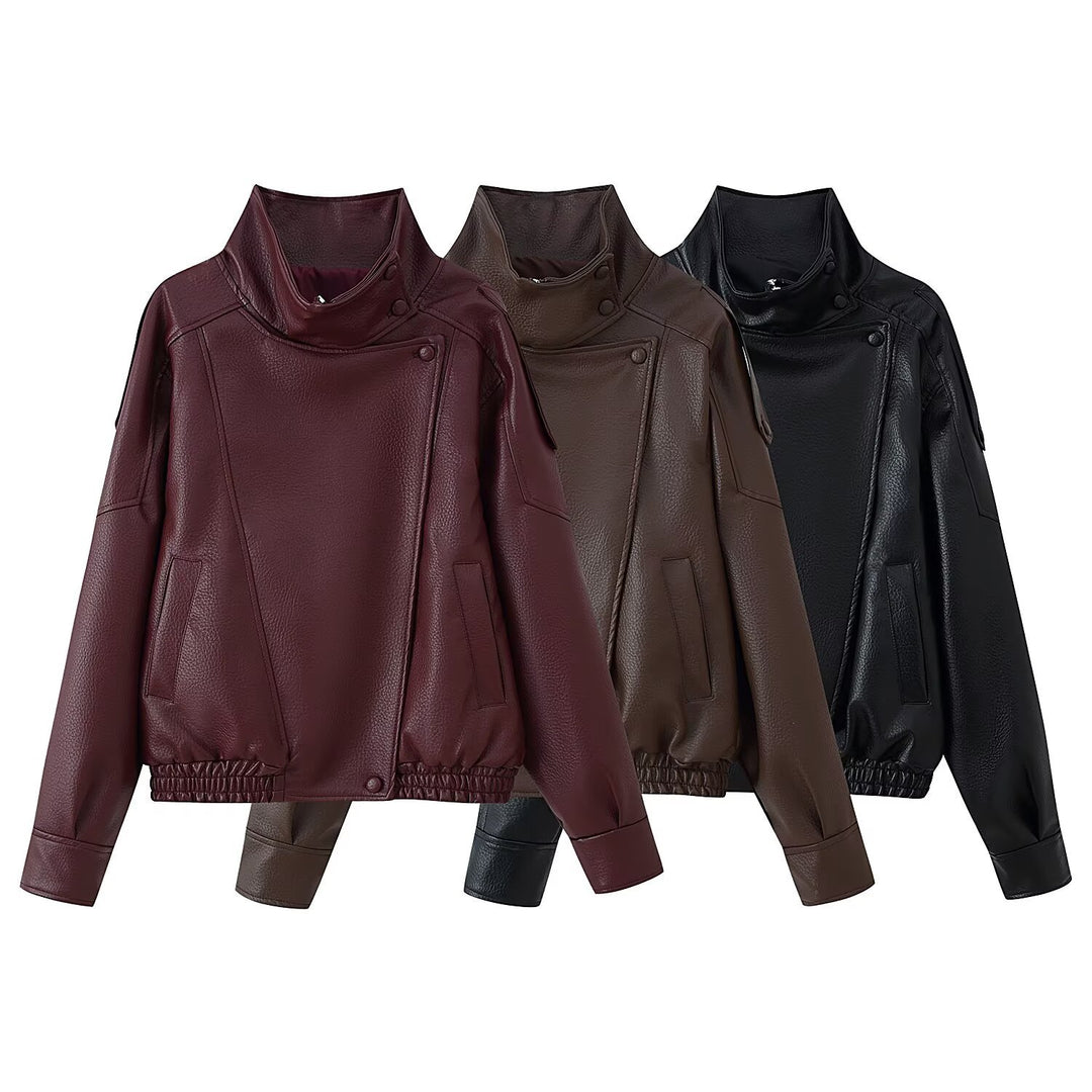 Women's Short Cut Faux Leather Bomber Jacket with High Stand Collar, Asymmetric Snap Button Placket and Elastic Hem Mune Fashion