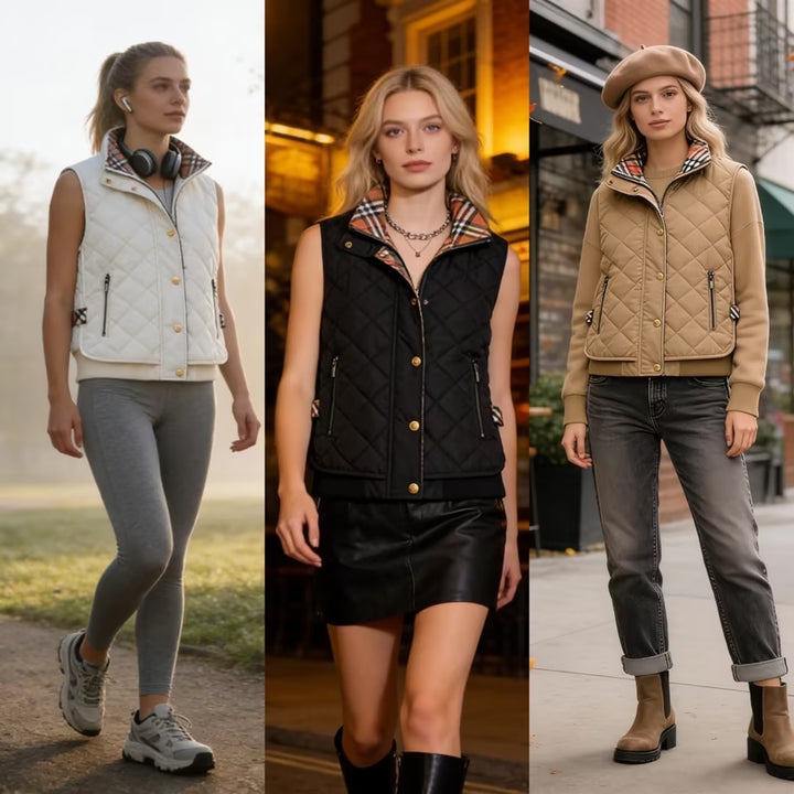 Women's quilted vest with stand-up collar, zippered pockets, and checked lining Mune Fashion