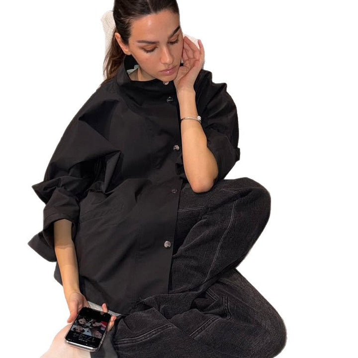 Women's oversized shirt jacket with stand collar, boxy silhouette and snap button placket Mune Fashion