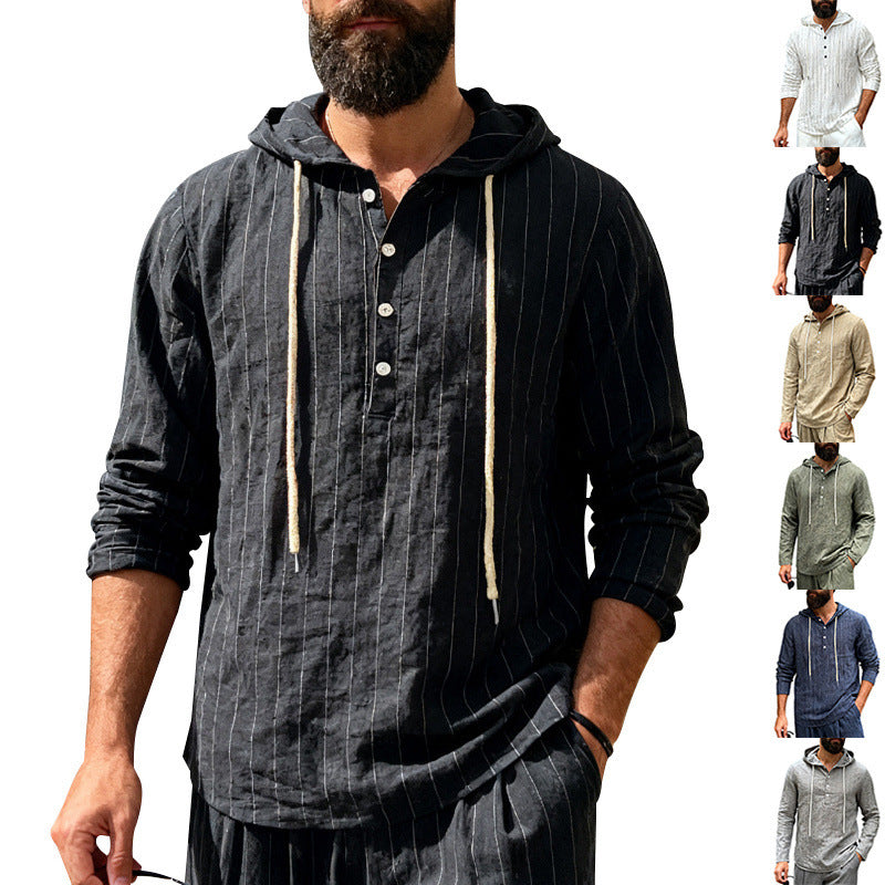 Men's linen blend hoodie shirt with half button placket and pinstripes Mune Fashion