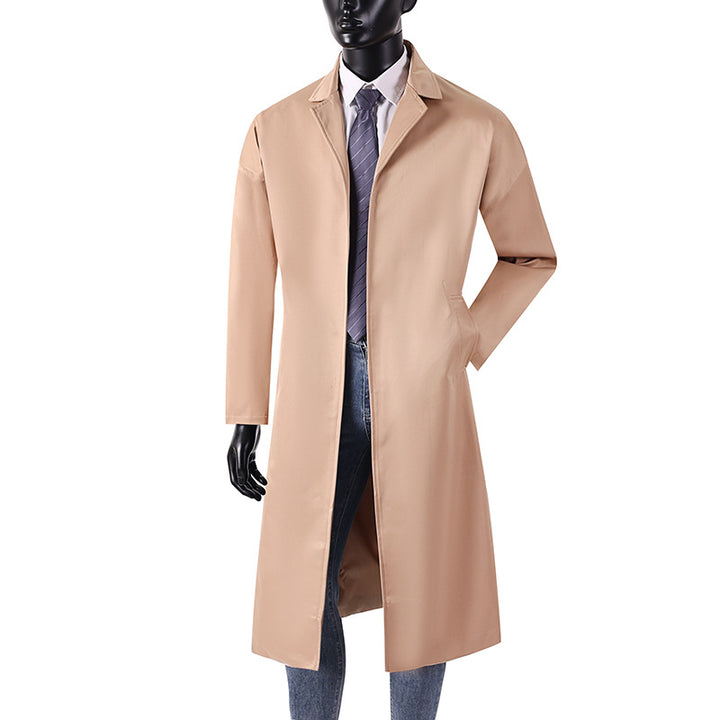 Men's Long Minimalist Trench Coat with Concealed Button Placket and Side Pockets Mune Fashion
