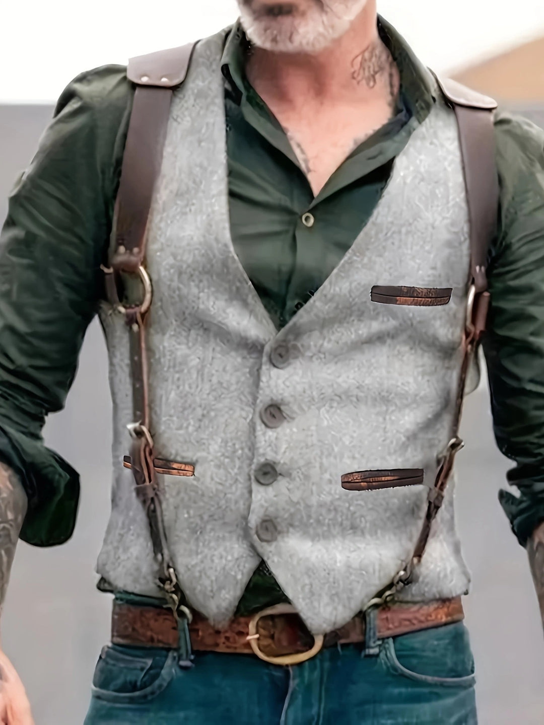 Men's Tweed Vest with Leather Straps and Vintage Details Mune Fashion