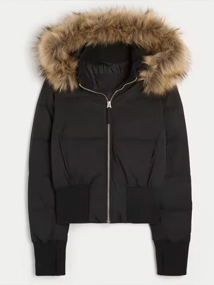 Ladies short quilted bomber style jacket with detachable faux fur hood Mune Fashion