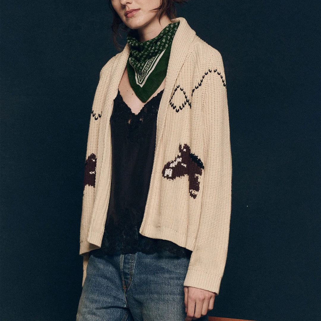 Women’s chunky knit cardigan with lapel collar and horse intarsia Mune Fashion