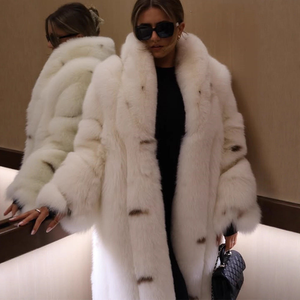 Women longer vegan faux fur coat with hood and voluminous fur collar Mune Fashion