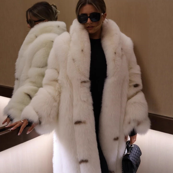 Women longer vegan faux fur coat with hood and voluminous fur collar Mune Fashion