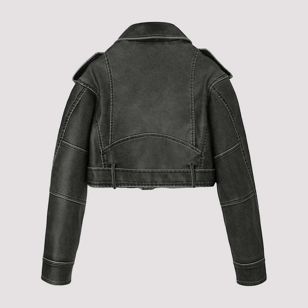 Ladies short cut biker jacket made of vintage faux leather with epaulettes and waist belt Mune Fashion