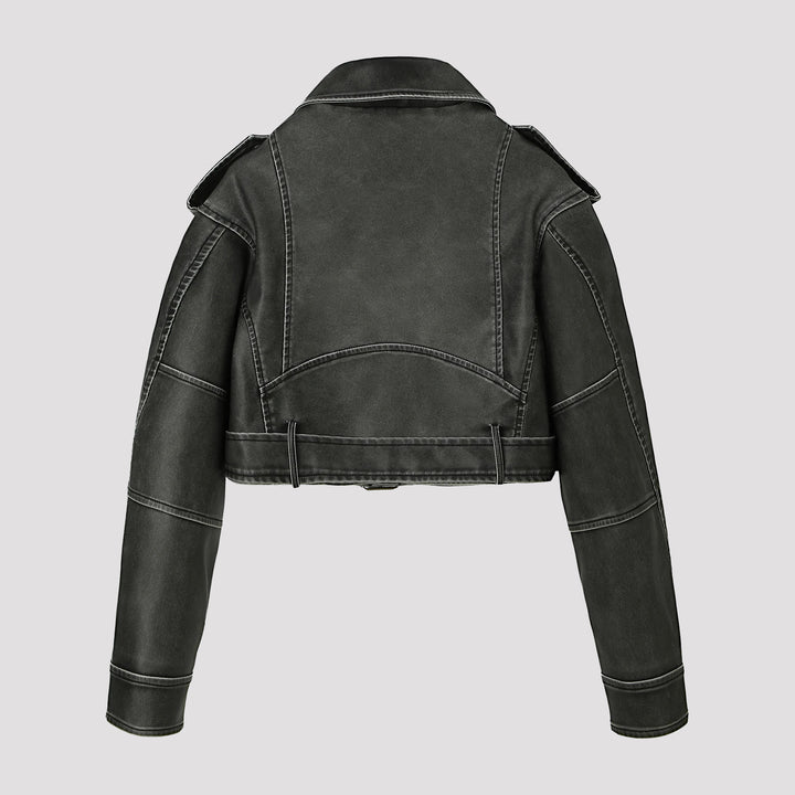 Ladies short cut biker jacket made of vintage faux leather with epaulettes and waist belt Mune Fashion