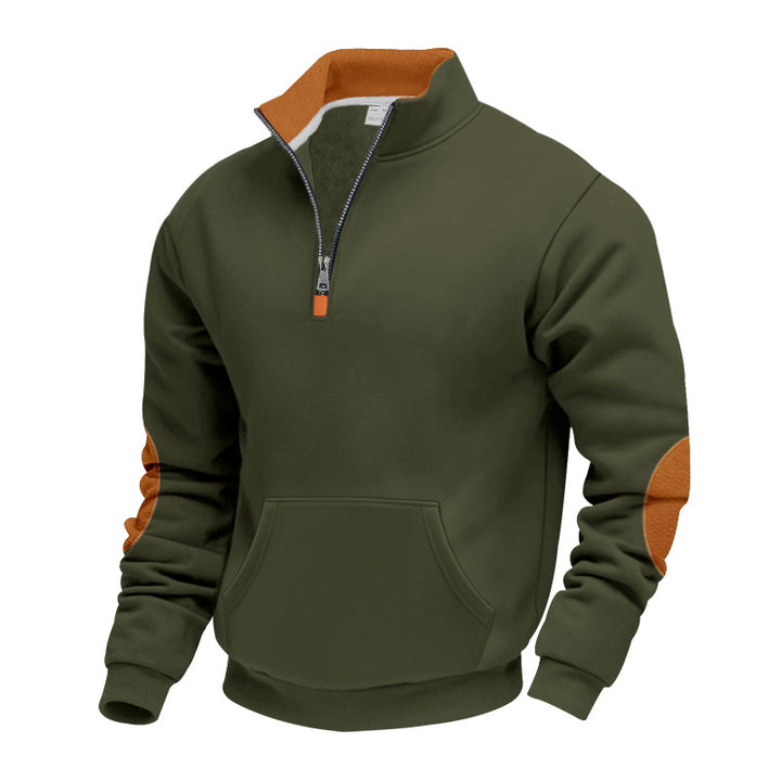 Men's Nano Insulated Half-Zip Pullover with Stand-Up Collar Fleece Lining Kangaroo Pocket and Suede Elbow Patches Mune Fashion