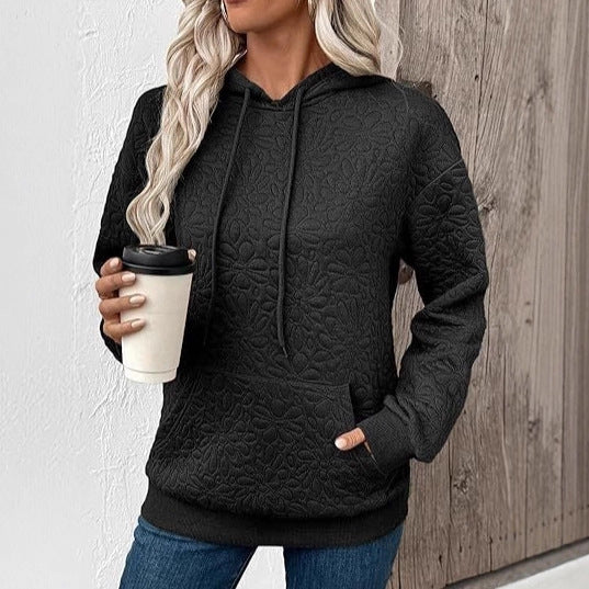Women's Quilted Hooded Sweatshirt with Floral Quilted Pattern and Kangaroo Pocket Mune Fashion