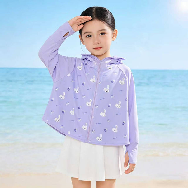 Unisex nan UV protection hooded cape for children with asymmetric A-line cut and rabbit print Mune Fashion