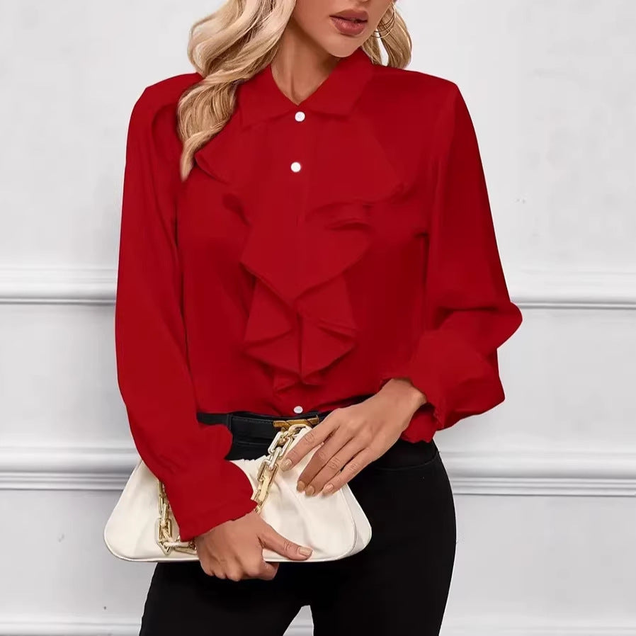 Women Elegant Ruffled Blouse with Flounces, Shirt Collar and Cuffs Drune