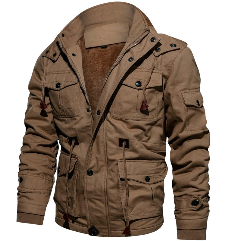 Men's multifunctional canvas field jacket with teddy fleece lining, hood, and utility pockets Mune Fashion
