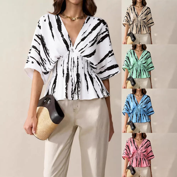Women's V-Neck Blouse with Loose Fit and Ruching Mune Fashion