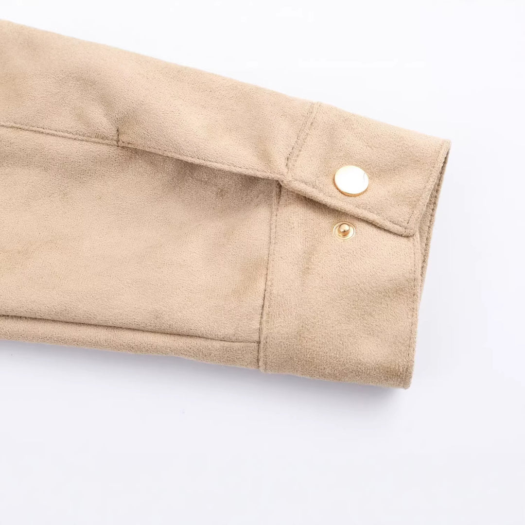 Women Short Suede Look Jacket with Stand Collar and Snap Button Placket Mune Fashion
